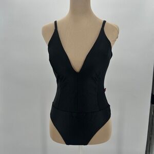 KISS MY Womens Black Metallic Deep V Neck Low Back One Piece Swimsuit Size M 183